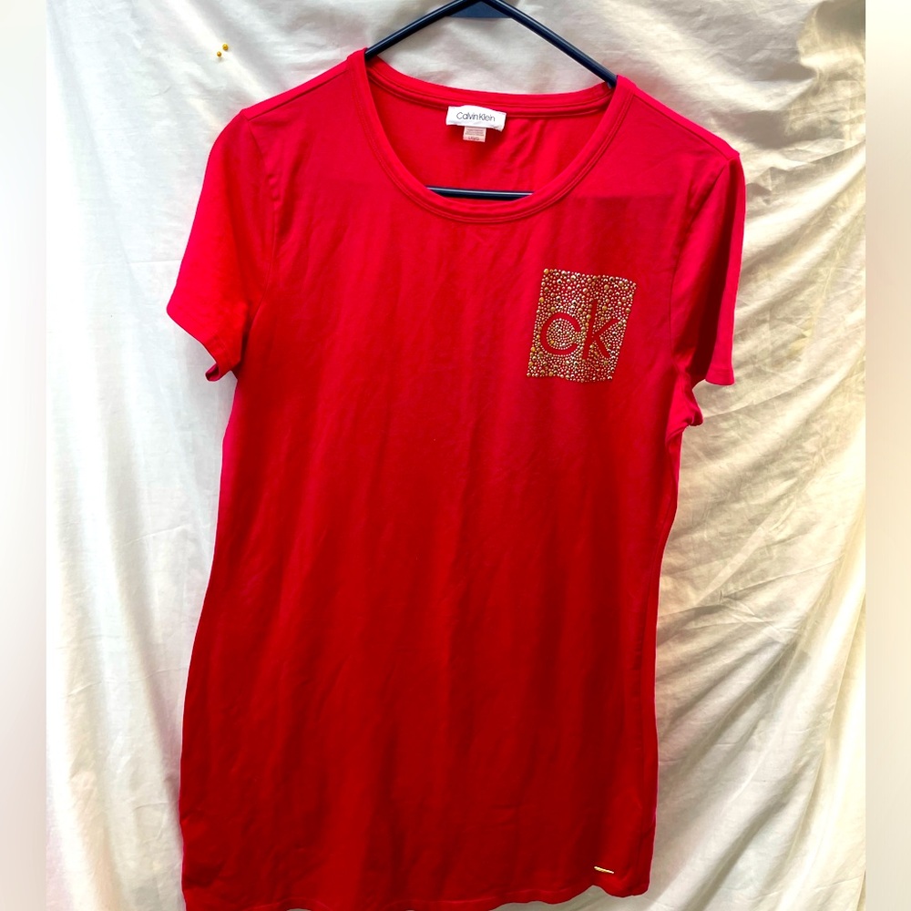 Calvin Klein Red T-Shirt dress with Gold Logo ladies sz L
